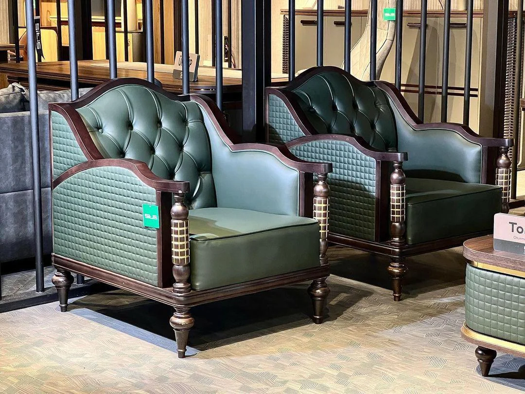 Modern Green Leather Armchairs (Pair) - Bakhtyar Furniture