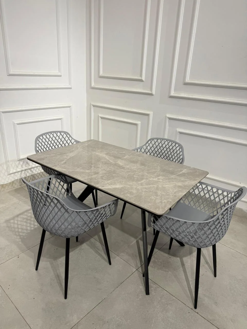 Modern Grey Marble Dining Table & 4 Chairs - Bakhtyar Furniture