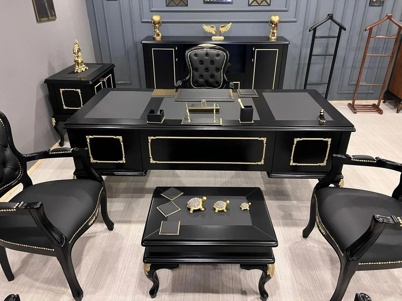 Executive Office Desk & Cabinet Set (Black & Gold) - Bakhtyar Furniture